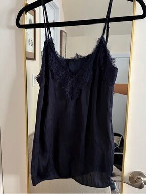Navy Lace Trim Silk Slip Tank